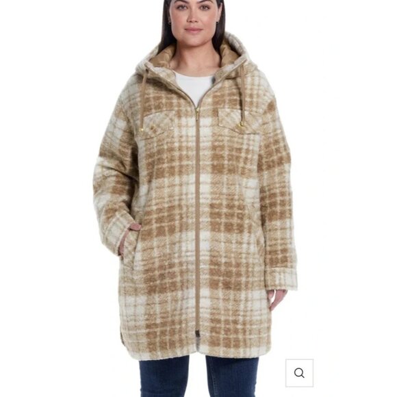 NEW Weatherproof Women's M Tan Plaid Hooded Teddy Coat Polyester Blend - Picture 1 of 13